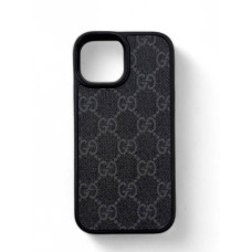 Брендований шкіряний чохол Gucci на iPhone 14 Pro сірого кольору